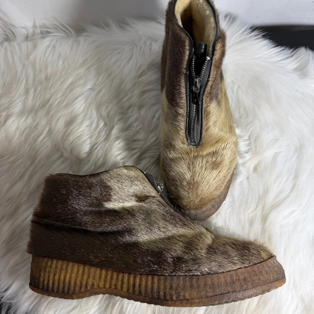 Vintage Tyrol Shoe Co Canada Seal Fur Hair Winter Boot Brown Zip Crepe Sole Mens